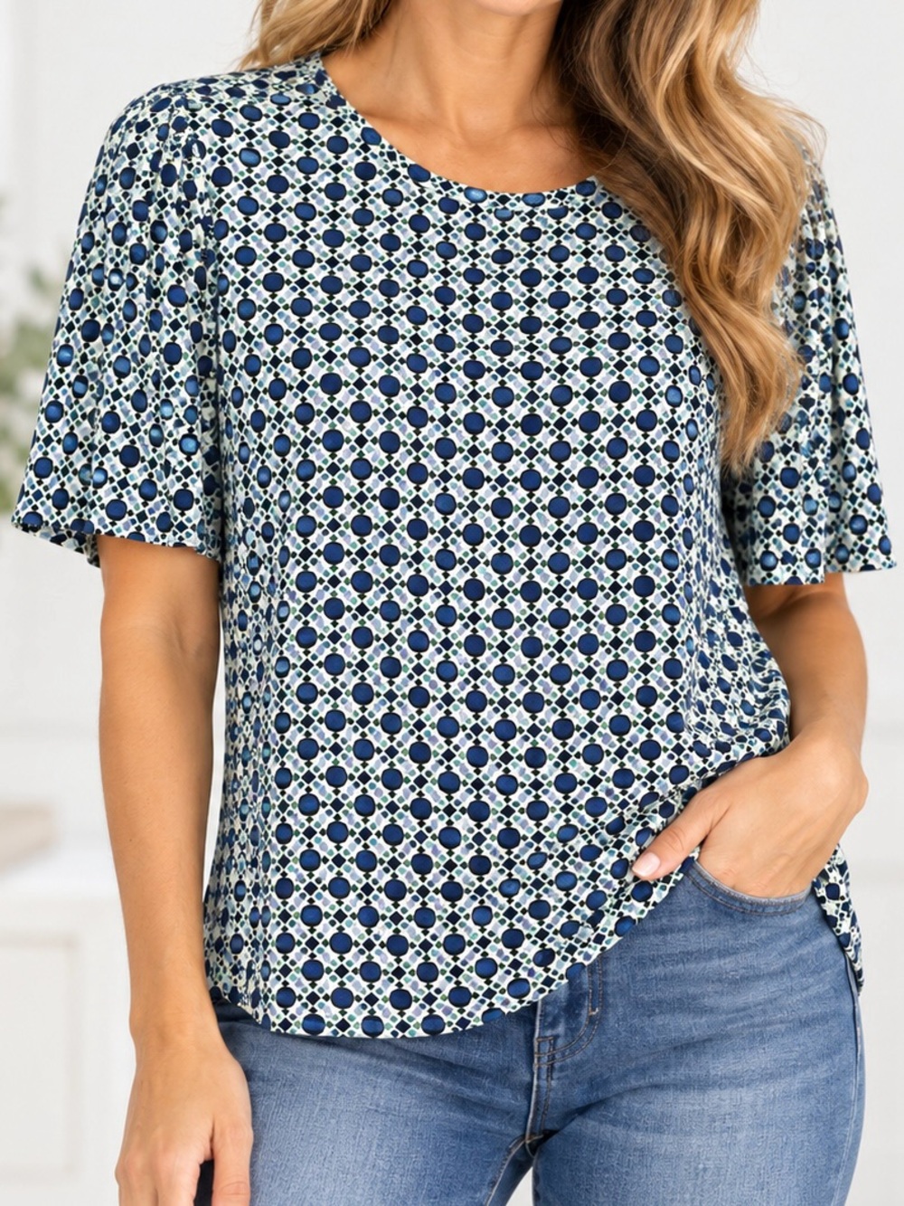 Liz Claiborne Career XL Geometric Print Stretch Blouse Green Blue 3/4 Sleeve